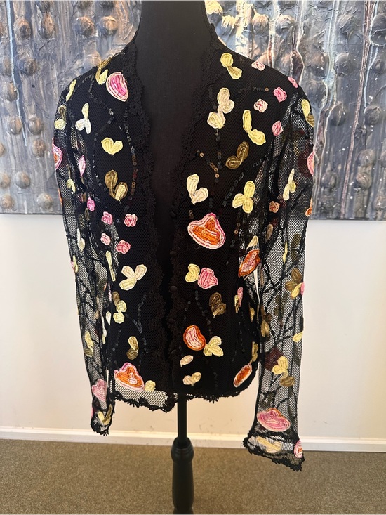 JS Boutique Jackets & Blazers - ⭐️ Black Sheer Mesh Cardigan with Pink, Yellow & Orange Appliqués